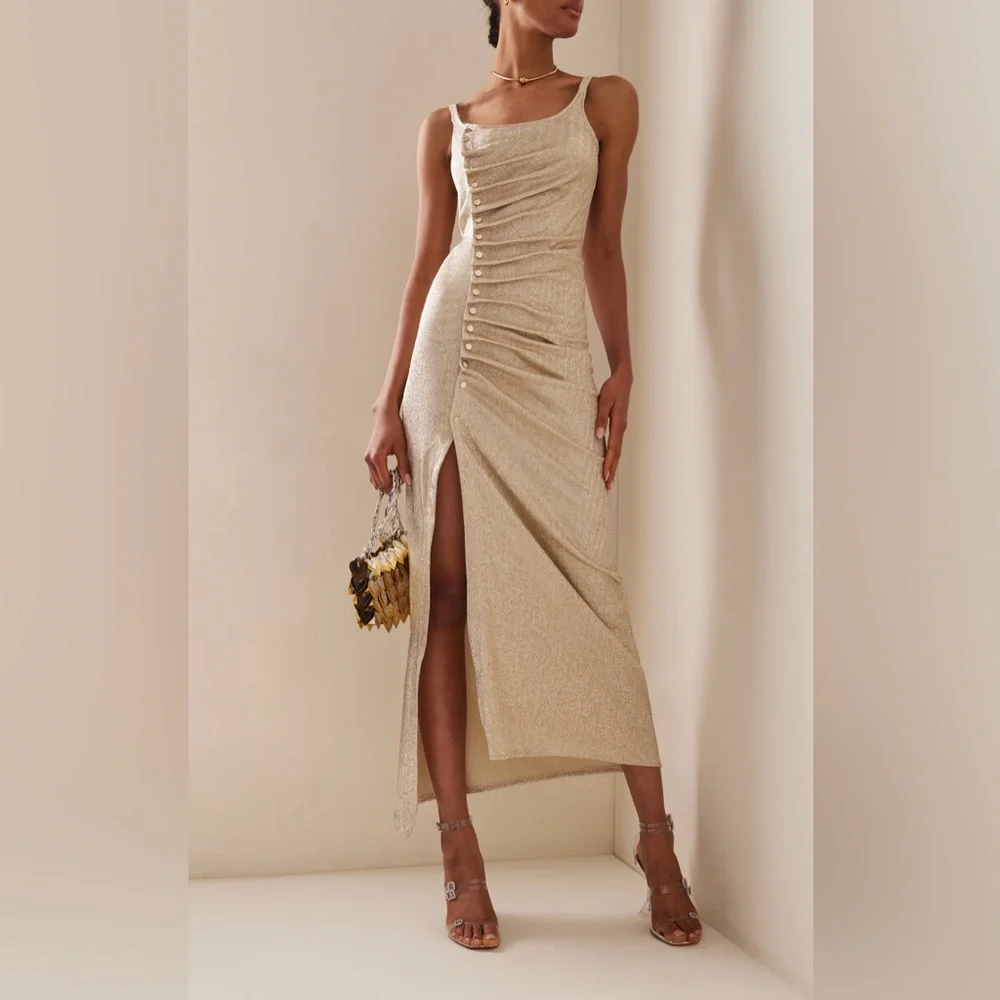NWT Paco Rabanne Gathered Metallic Midi Dress - Picture 1 of 5